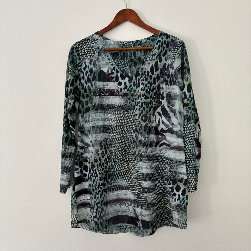 Essentials Milano Green Animal Rhinestone Embellished Print Mesh Blouse M